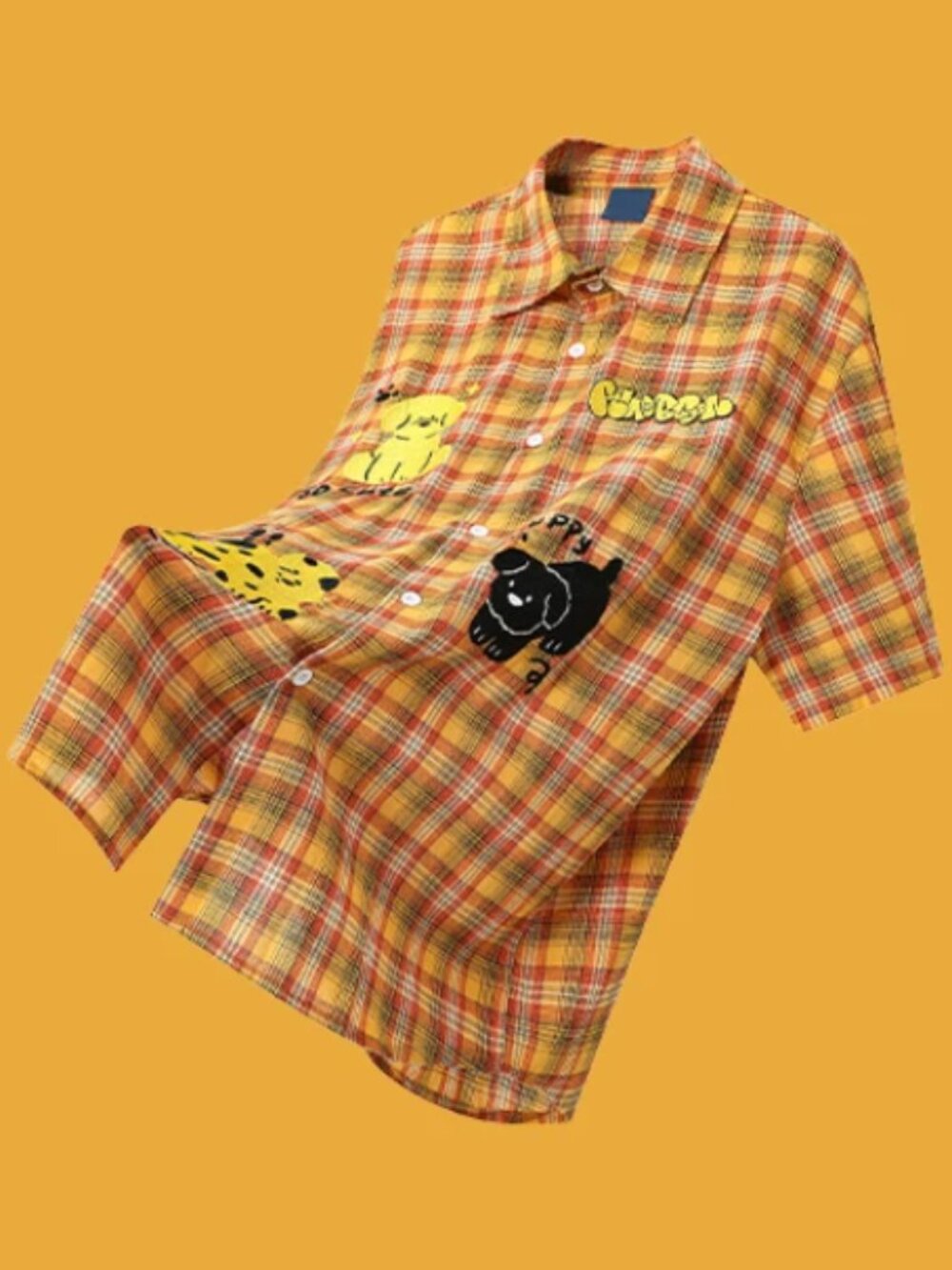 Orange Plaid Puppy Embroidered Shirt